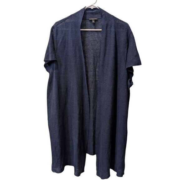 Eileen Fisher Linen 3X Sheer Knit Open Front Short Sleeve Duster Cardigan -Navy - Picture 1 of 6